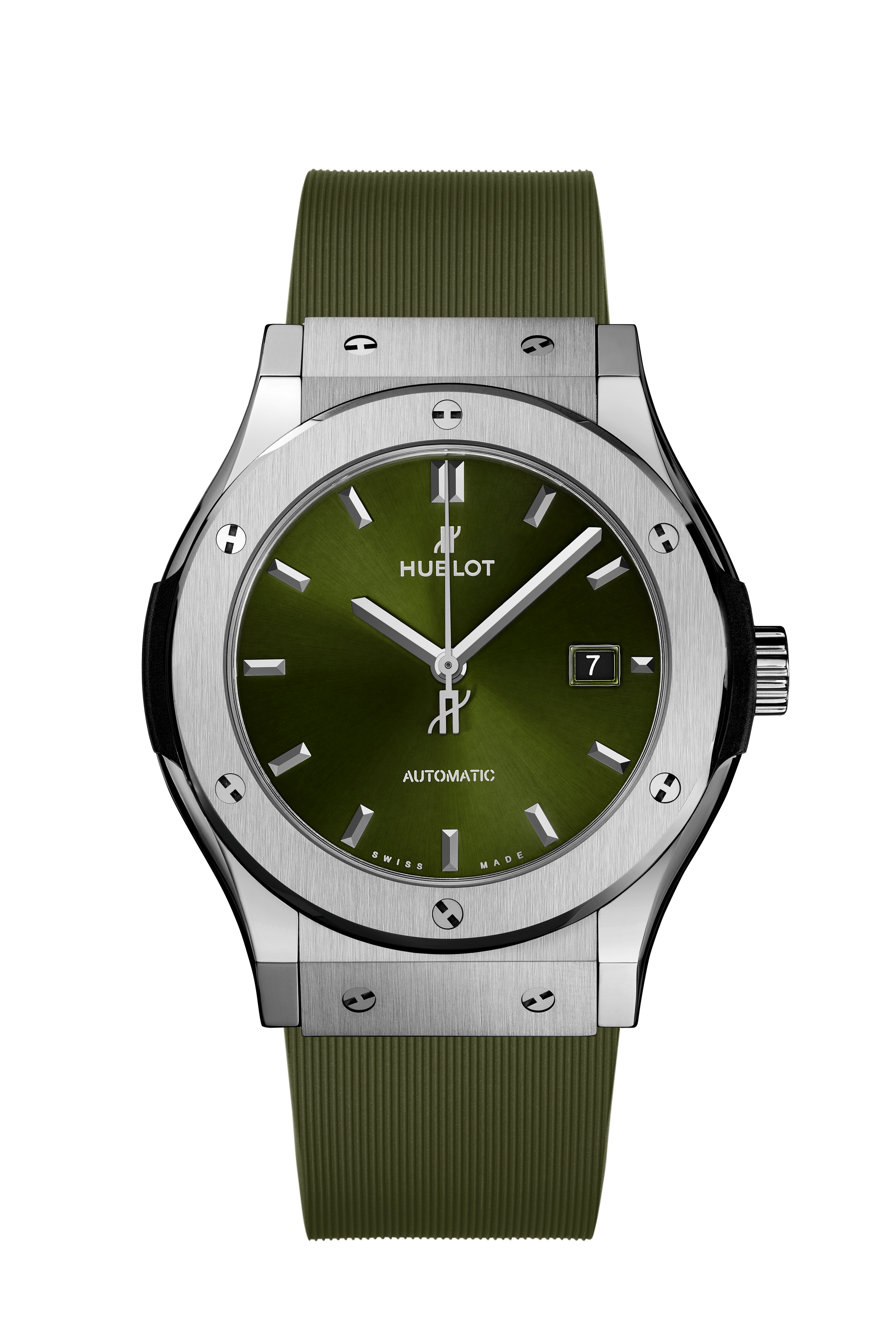 Mens Hublot Classic Fusion Titanium Green Dial 42mm Diamond Watch 6.5 ct