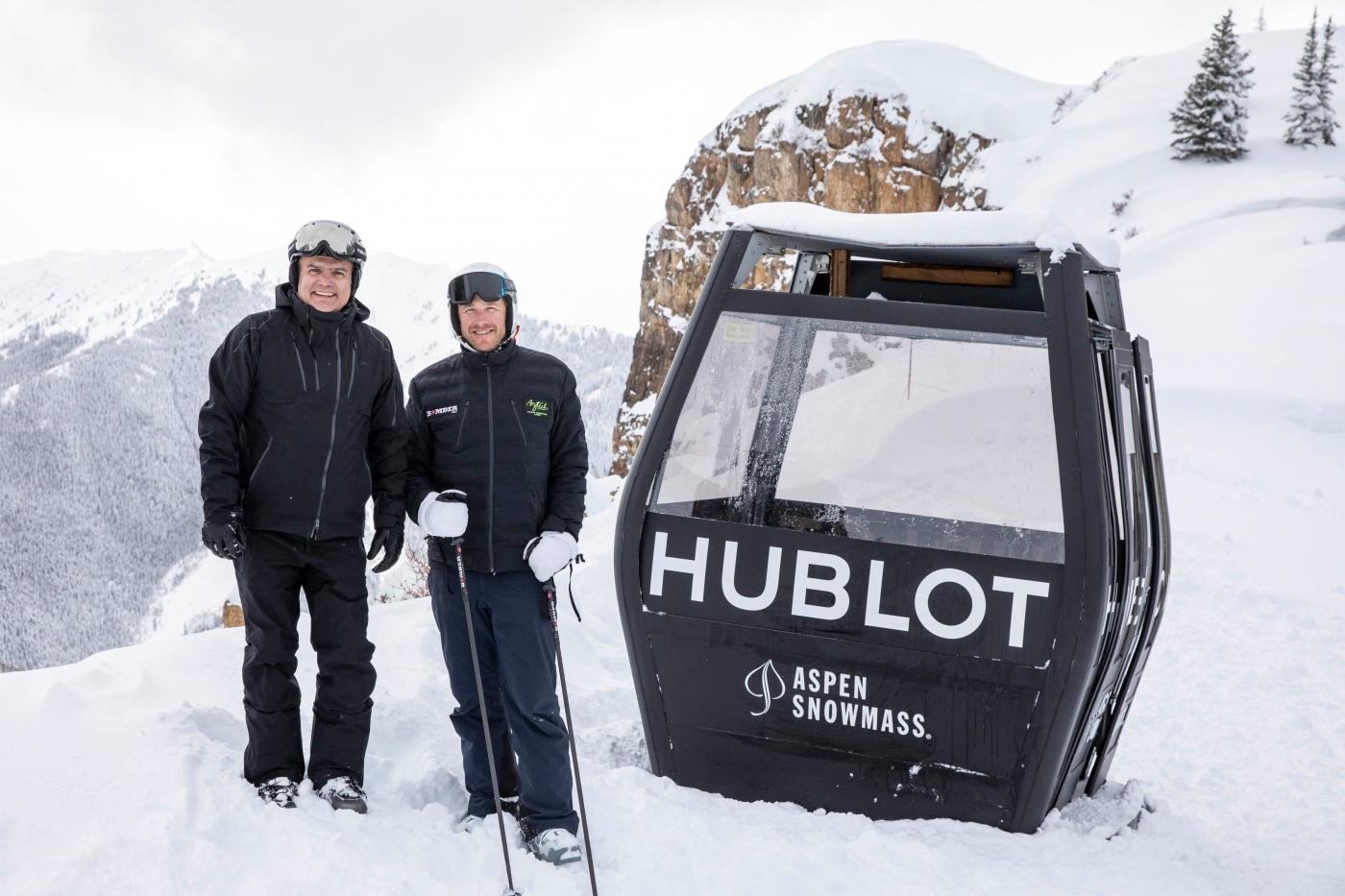 Ricardo Guadalupe and Bode Miller in Aspen next to a lift