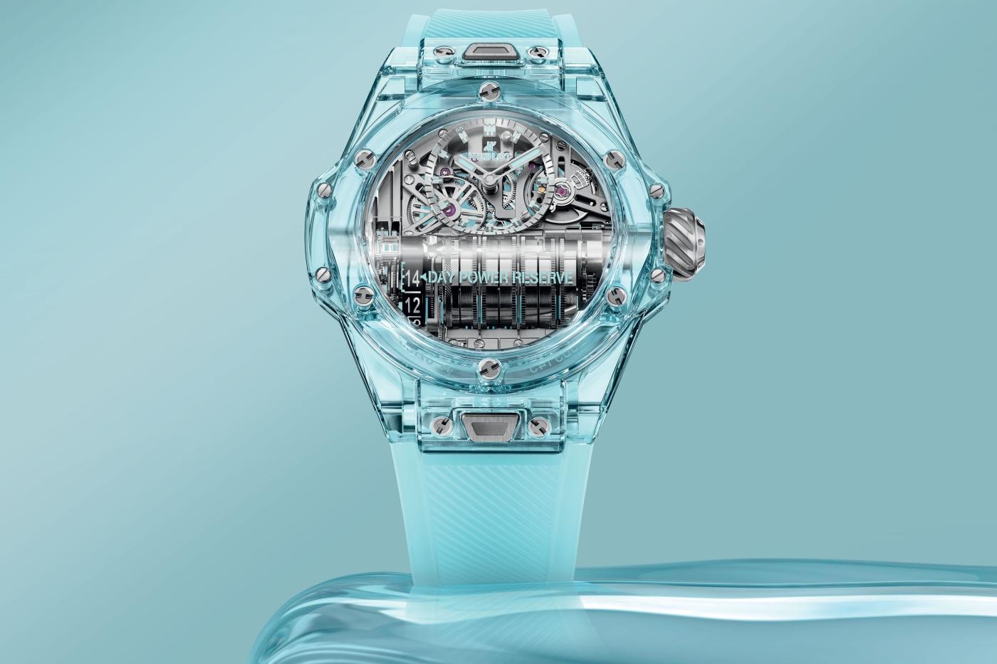 BIG BANG MP 11 14 DAY POWER RESERVE WATER BLUE SAPPHIRE HUBLOT UNVEILS A NEW INTERPRETATION OF SAPPHIRE Hublot
